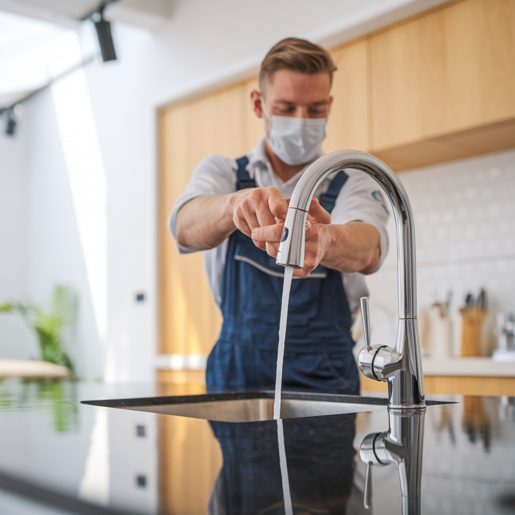A person wearing a face mask adjusts a sleek chrome faucet in a modern kitchen, allowing a stream of water to flow into a black sink. The background features wooden cabinetry and various kitchen utensils.