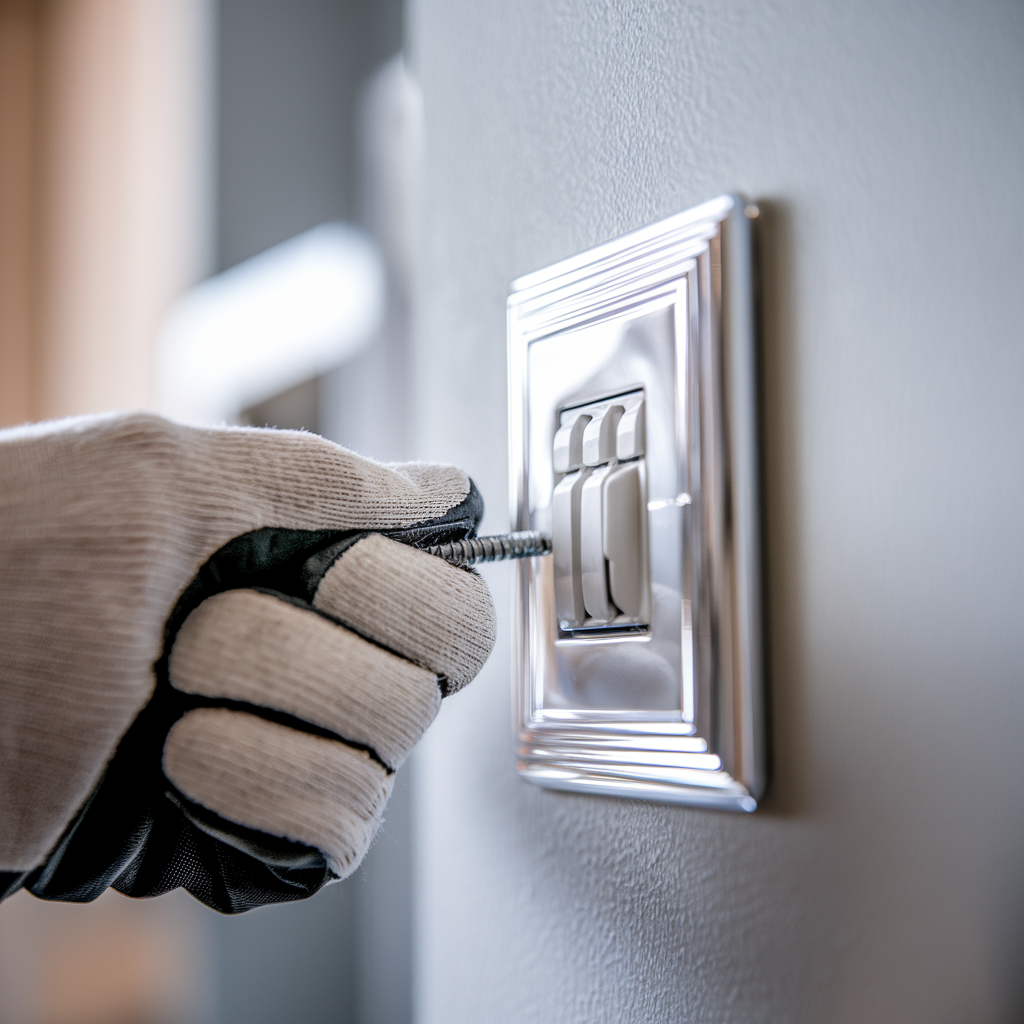 A person wearing a glove is installing a screw into a wall switch plate, with a focus on the hand and the glossy metal switch. The background shows a softly blurred interior space.