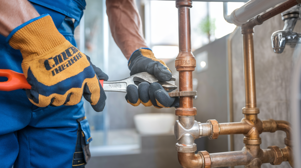 A person wearing protective gloves uses an adjustable wrench on a copper pipe fitting in a modern bathroom setting. The focus is on the hands and tools, while the background features blurred elements of a bathroom, including a bowl and tiles.