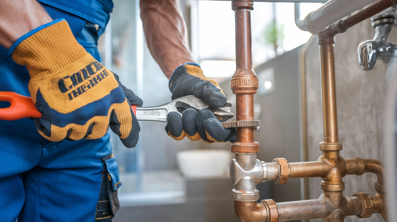 A person wearing protective gloves uses an adjustable wrench on a copper pipe fitting in a modern bathroom setting. The focus is on the hands and tools, while the background features blurred elements of a bathroom, including a bowl and tiles.