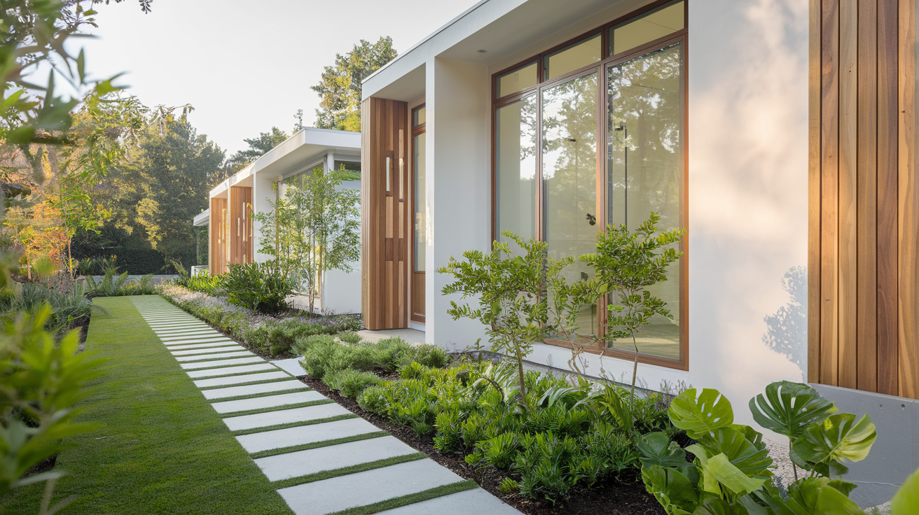 A modern residence featuring large windows and wooden accents, surrounded by a well-maintained garden. A manicured lawn with stepping stones leads up to the home, flanked by various plants and small trees. The scene is illuminated by soft sunlight, creating a serene and inviting atmosphere.