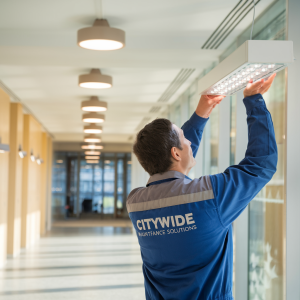 A worker in a blue uniform adjusts a ceiling light fixture in a well-lit hallway lined with large windows. The contemporary space features warm lighting and a minimalist design.