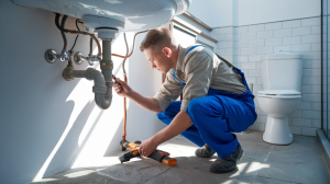 A technician in blue overalls crouches beside a sink, examining pipes with a tool in hand. A white toilet is visible in the background, and bright light filters through a window, illuminating the workspace.