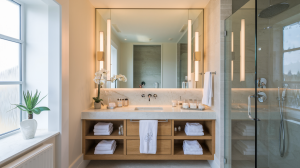 A modern bathroom featuring a large mirror with soft lighting, a marble countertop with a sink, neatly arranged towels, and various decorative items, including potted plants and scented candles. The space has a glass shower enclosure and natural light coming through a window, enhancing the aesthetic.