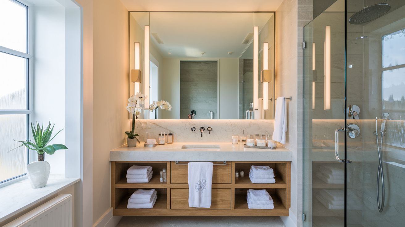 A modern bathroom featuring a large mirror with soft lighting, a marble countertop with a sink, neatly arranged towels, and various decorative items, including potted plants and scented candles. The space has a glass shower enclosure and natural light coming through a window, enhancing the aesthetic.