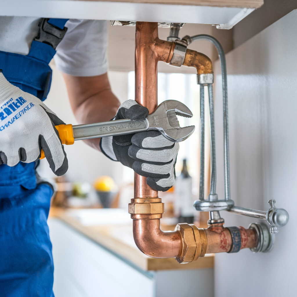 A person wearing gloves is adjusting a copper pipe with a wrench under a kitchen sink. The setting includes a well-lit modern kitchen with blurred items in the background, including a countertop and a small bowl, suggesting an ongoing maintenance task.