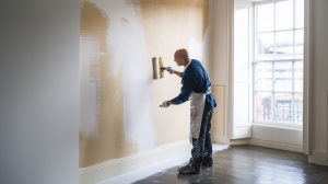 A person in a blue shirt and apron is applying a coat of paint to a wall using a roller, with partially finished areas showing a light beige color. The room features large windows allowing natural light, and there is paint splatter on the floor.