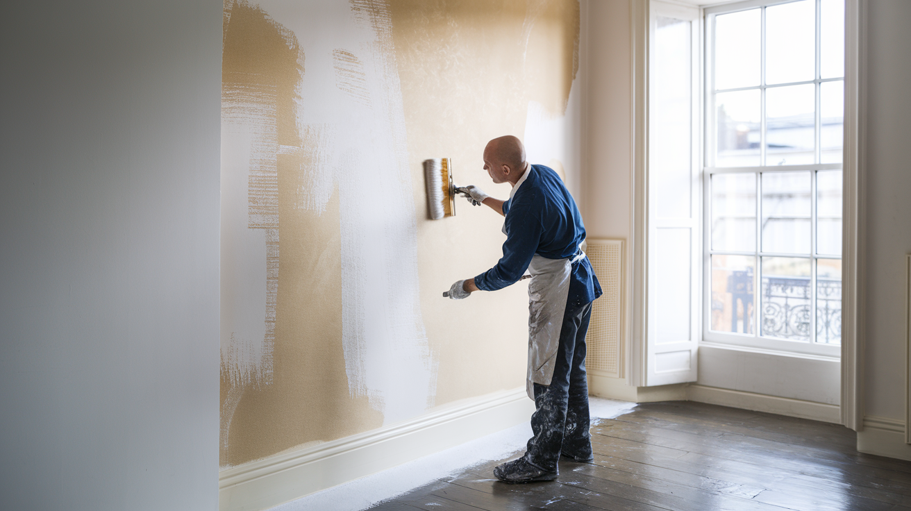 A person in a blue shirt and apron is applying a coat of paint to a wall using a roller, with partially finished areas showing a light beige color. The room features large windows allowing natural light, and there is paint splatter on the floor.
