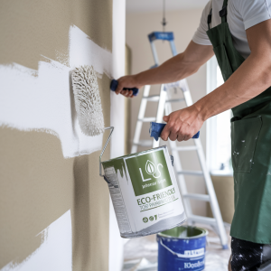 A person wearing a green apron is using a paint roller to apply a fresh coat of light color on a wall, while holding a container labeled with a leaf icon. In the background, a stepladder is partially visible along with other painting supplies.