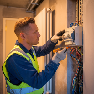 A man in a bright yellow vest works on an electrical panel, using tools to manipulate wires and components. He has short hair and is focused on the task at hand, with various colored wires visible around him in a partially finished space.