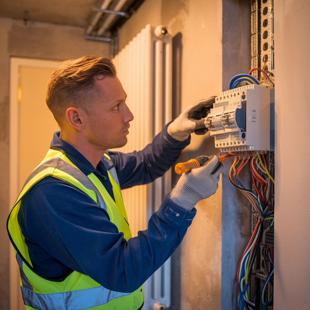 A man in a bright yellow vest works on an electrical panel, using tools to manipulate wires and components. He has short hair and is focused on the task at hand, with various colored wires visible around him in a partially finished space.