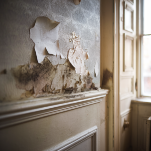 Peeling wallpaper and discolored patches on a wall, revealing damage and discoloration, with a window visible in the background allowing natural light to filter in.