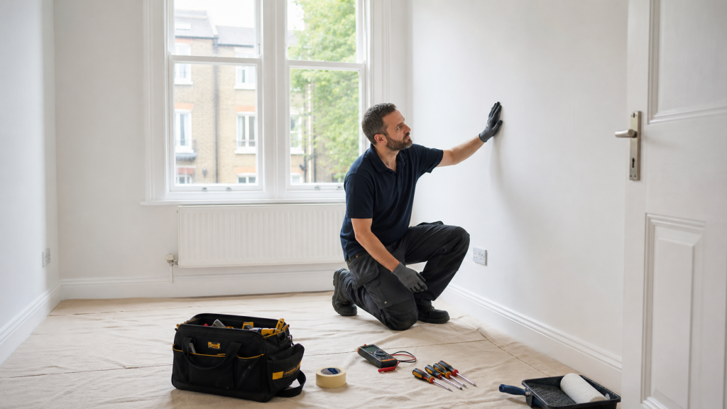 A tradesperson checks a freshly painted London rental flat for end of tenancy property maintenance London before handover.