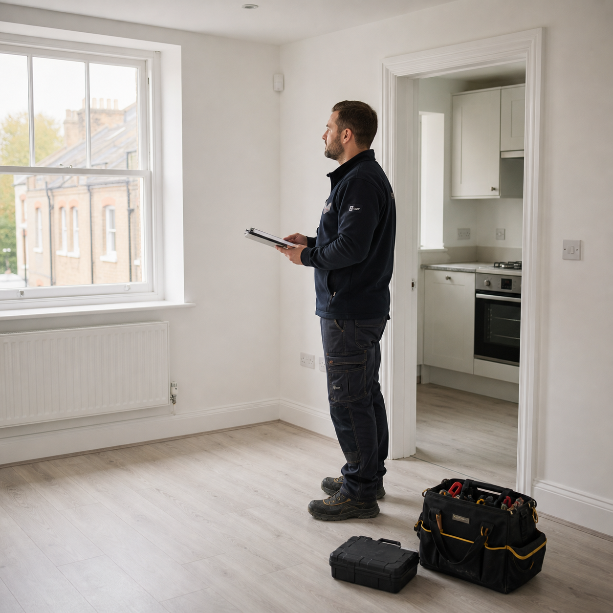A property manager checks a handwritten snagging list in an empty flat.
