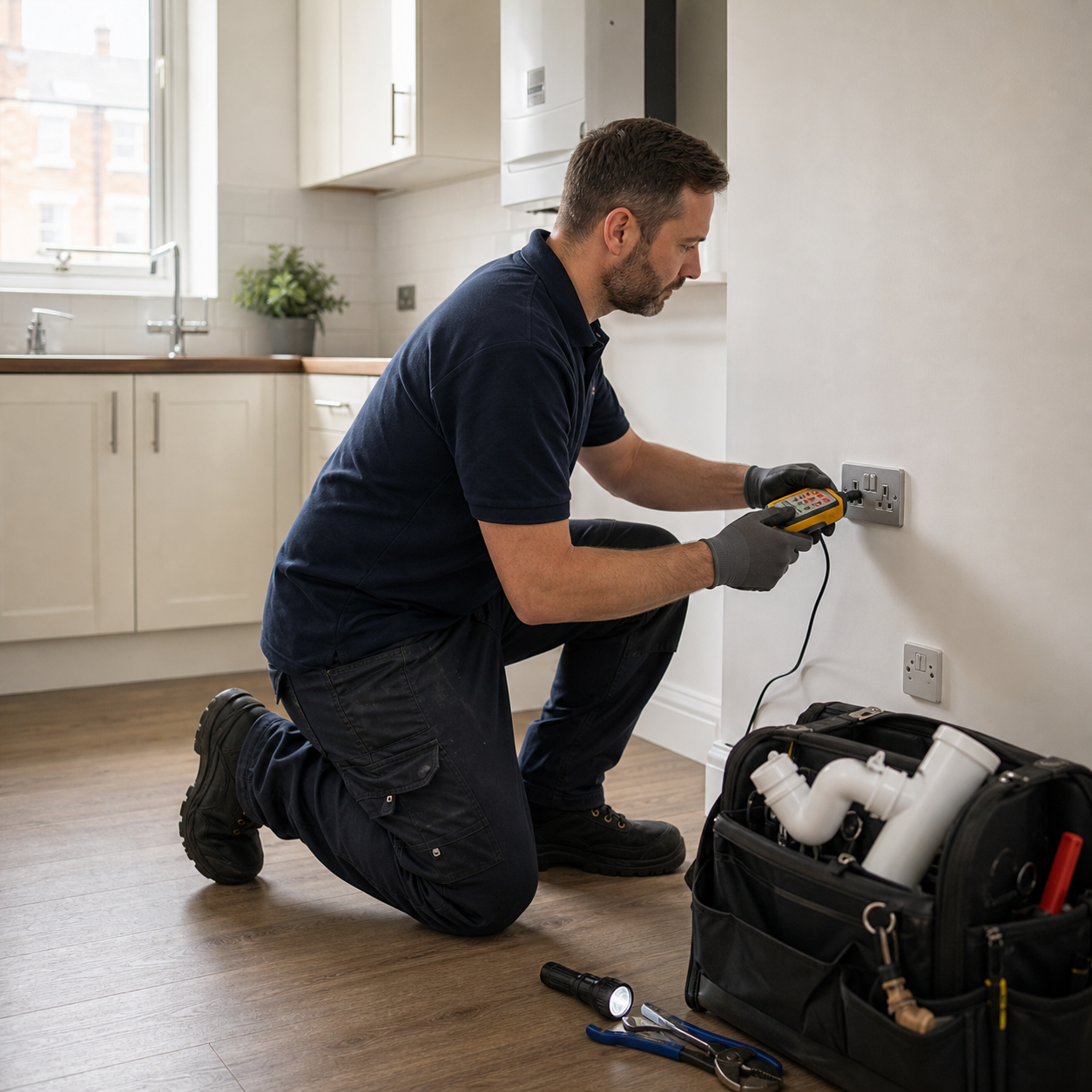 A qualified electrician tests sockets beside a tidy kitchen worktop before keys are released.