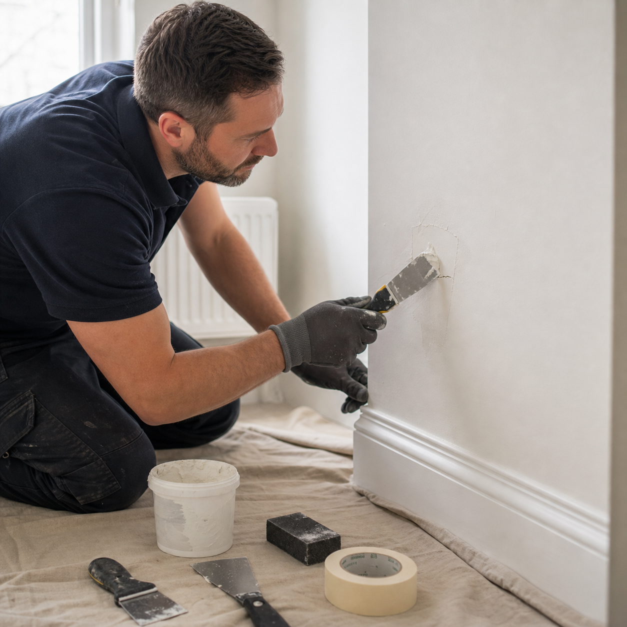 Fresh filler and prepared skirting boards show repair work before repainting.