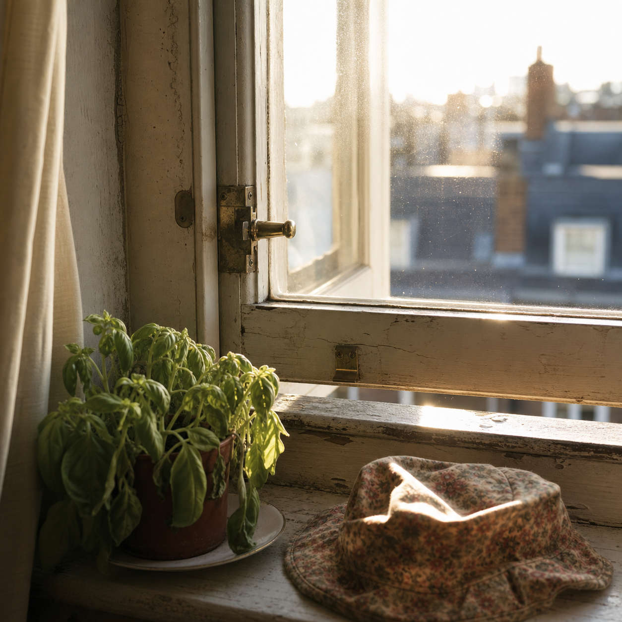 Hard afternoon sun presses through an unshaded sash window onto a wilting basil plant and a partly closed safety latch.