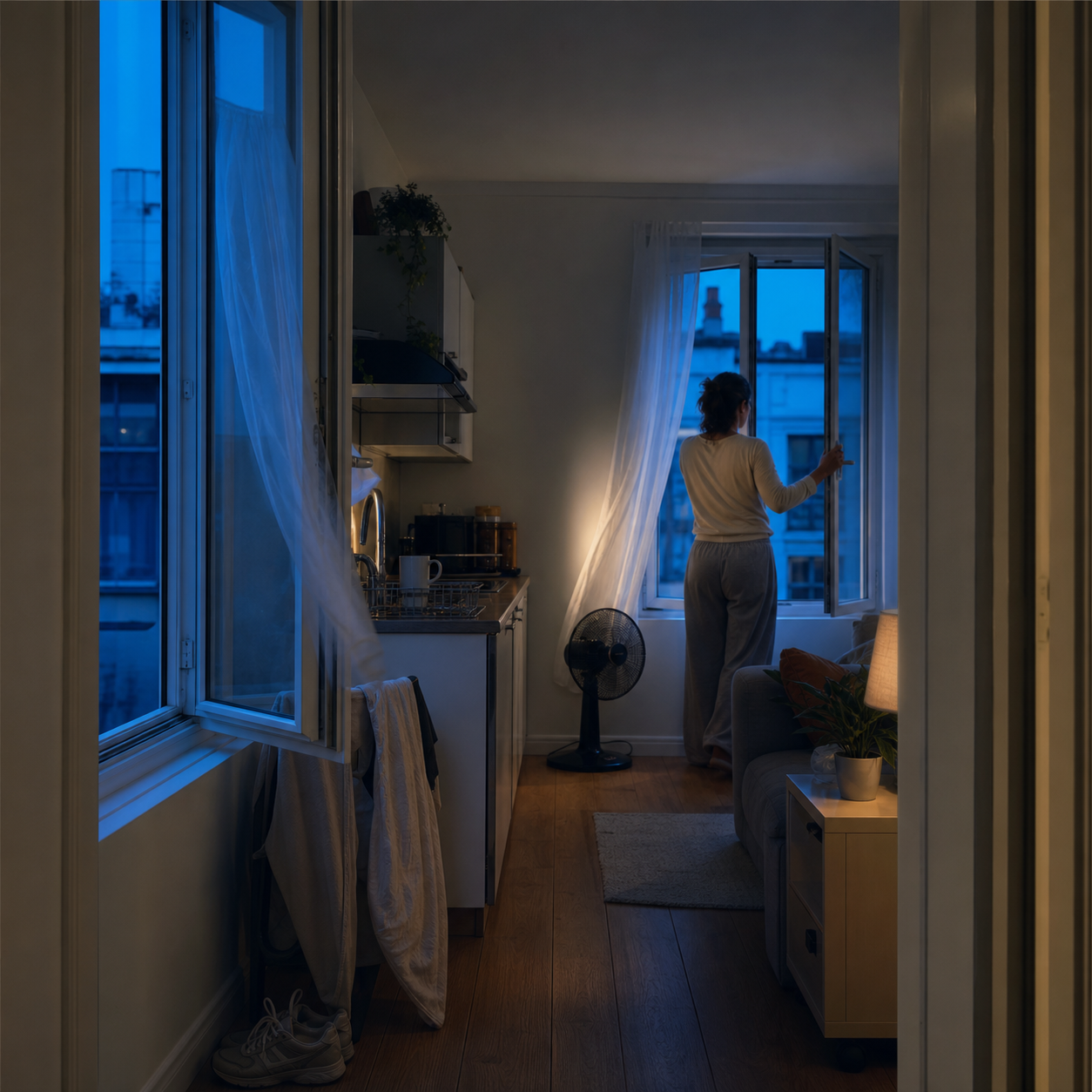 At blue hour, a resident opens two windows for a gentle through-breeze while a fan sits safely beside the skirting board.