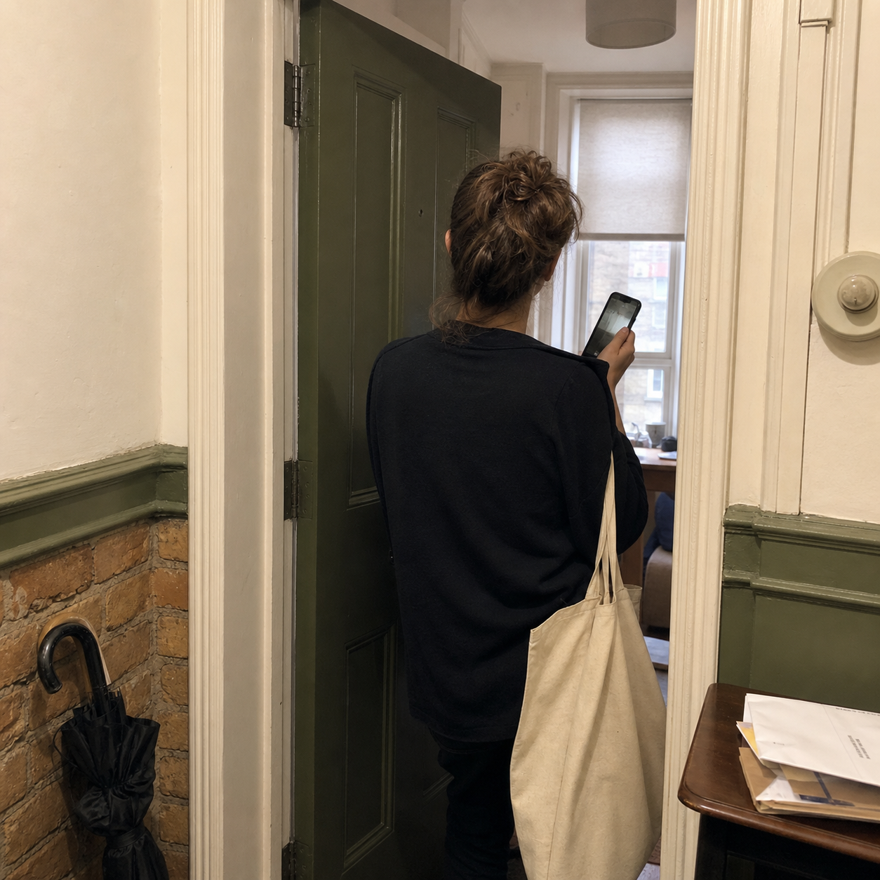 A tenant photographs a sticking blind and window frame from the doorway, with an umbrella and post left by the hall.