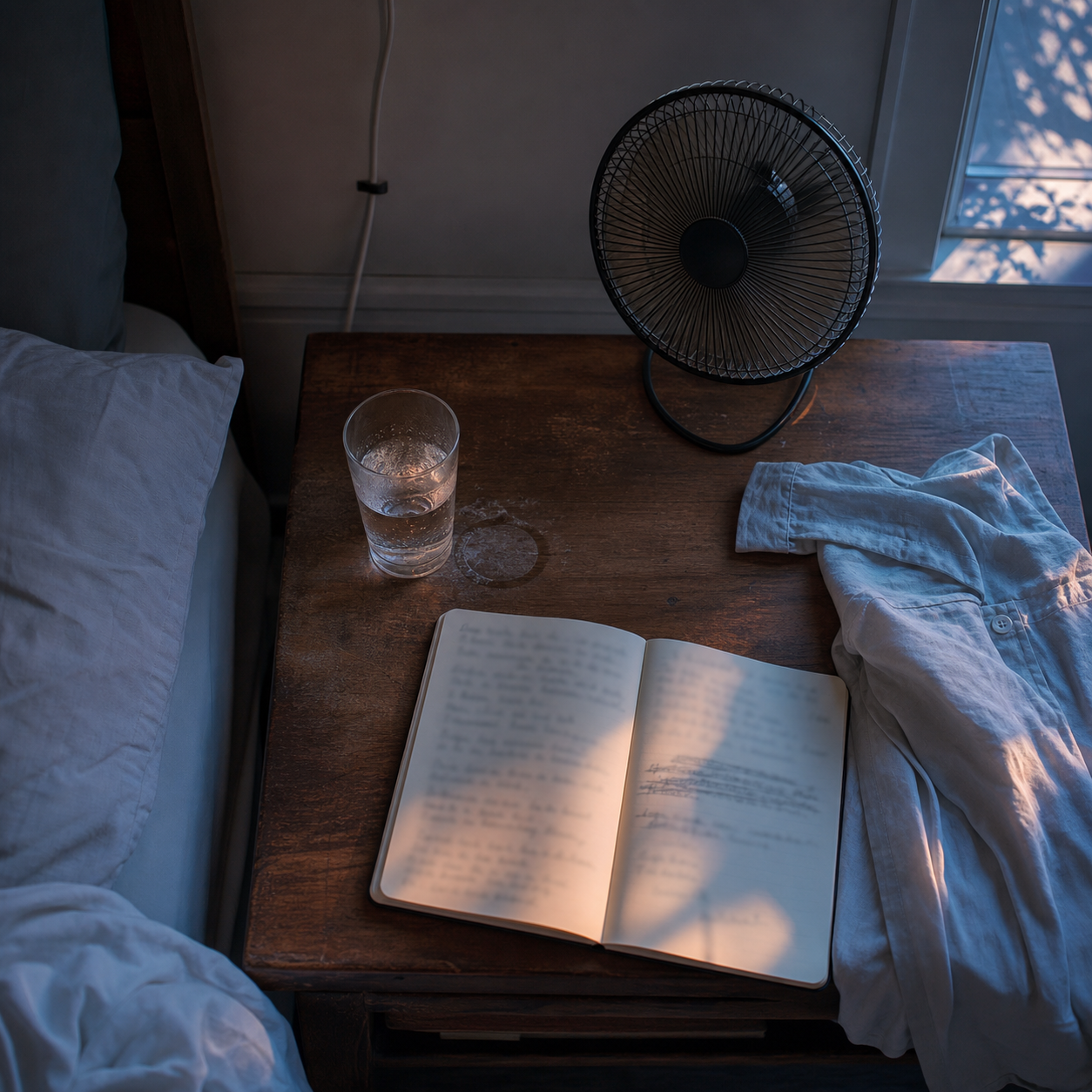 A used notebook full of blurred heat notes, a water glass and a quiet fan sit beside a bed at dawn.