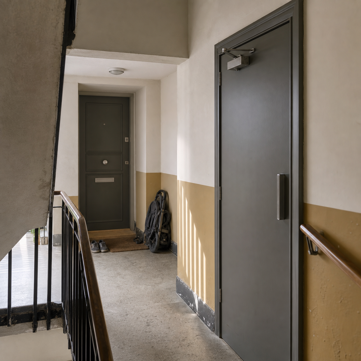 Morning light falls across two closed entrance doors in a lived-in London apartment block hallway.