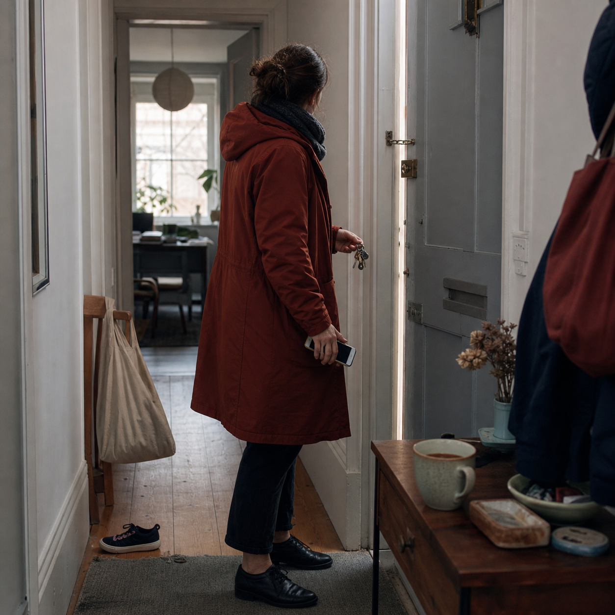 A tenant holding keys and a phone studies a front door that has stopped short of its latch.