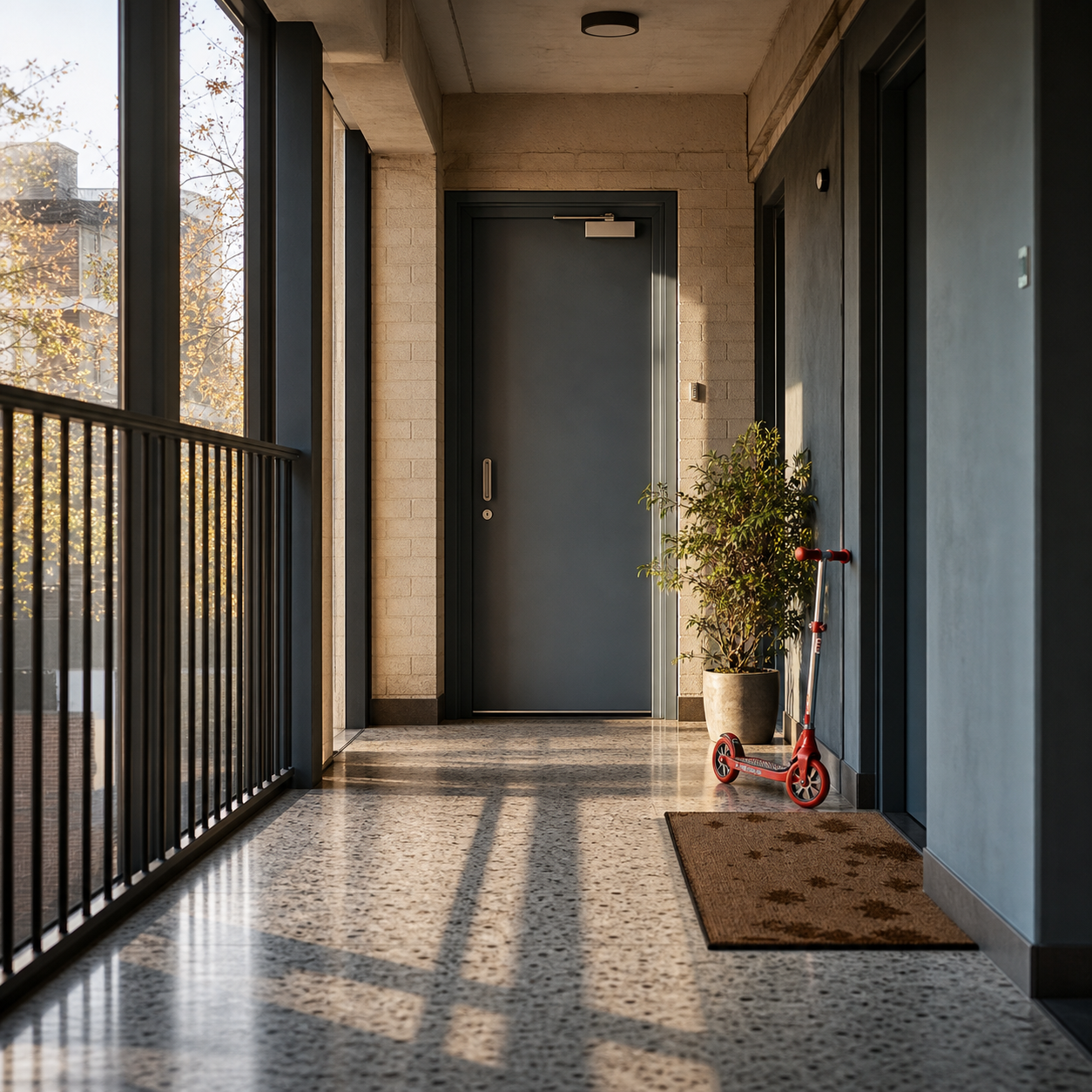 A sunlit residential corridor ends at a closed blue-grey door, with a child’s scooter parked neatly nearby.